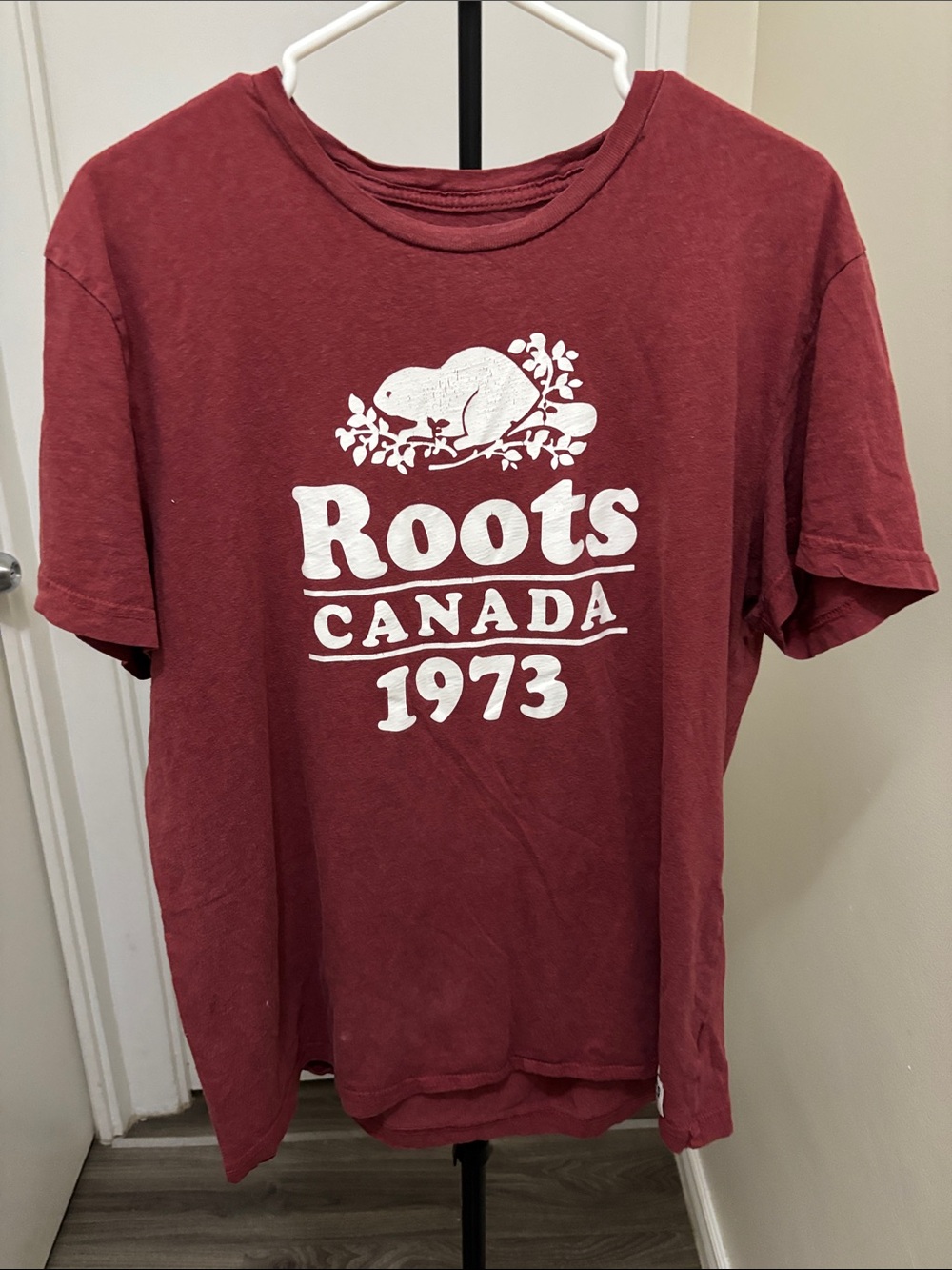 Roots Men's Short Sleeve T-Shirt in Burgundy with White Logo